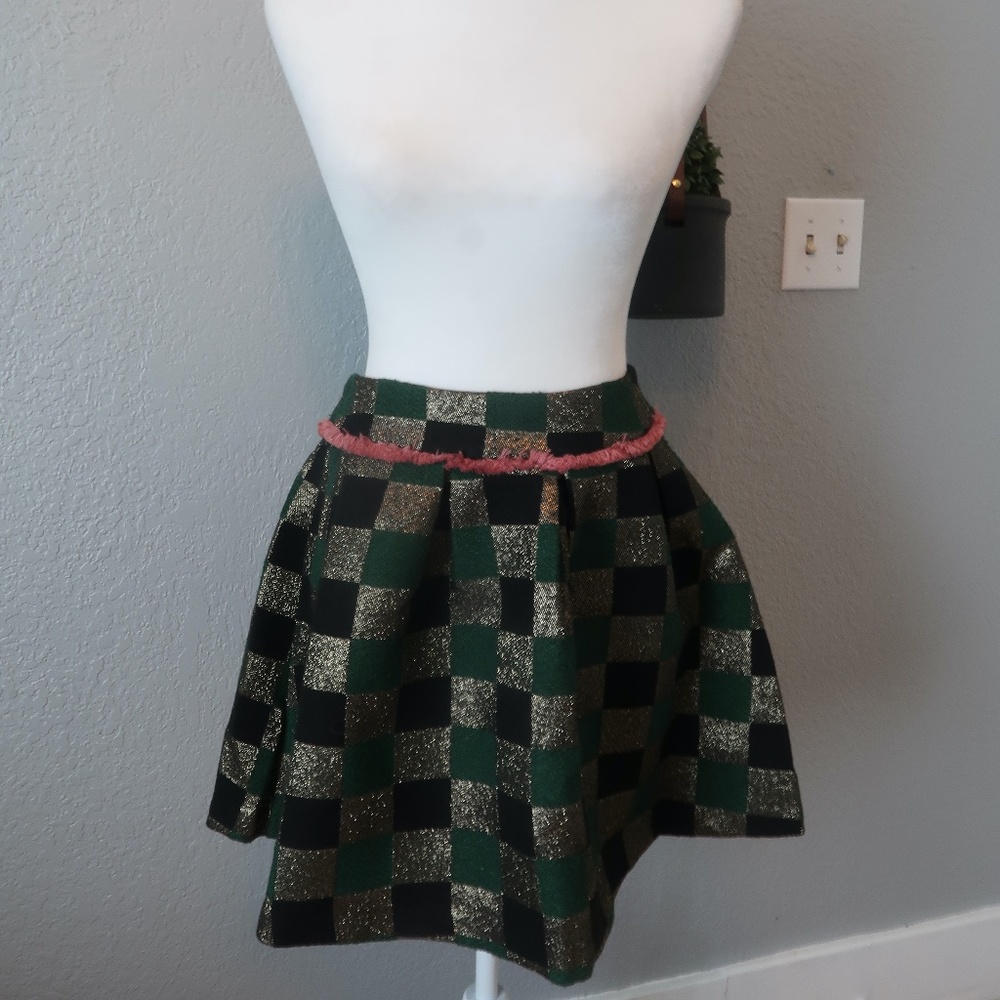 LA REINE GREEN+GOLD CHECKERED SKIRT SIZE M NWT